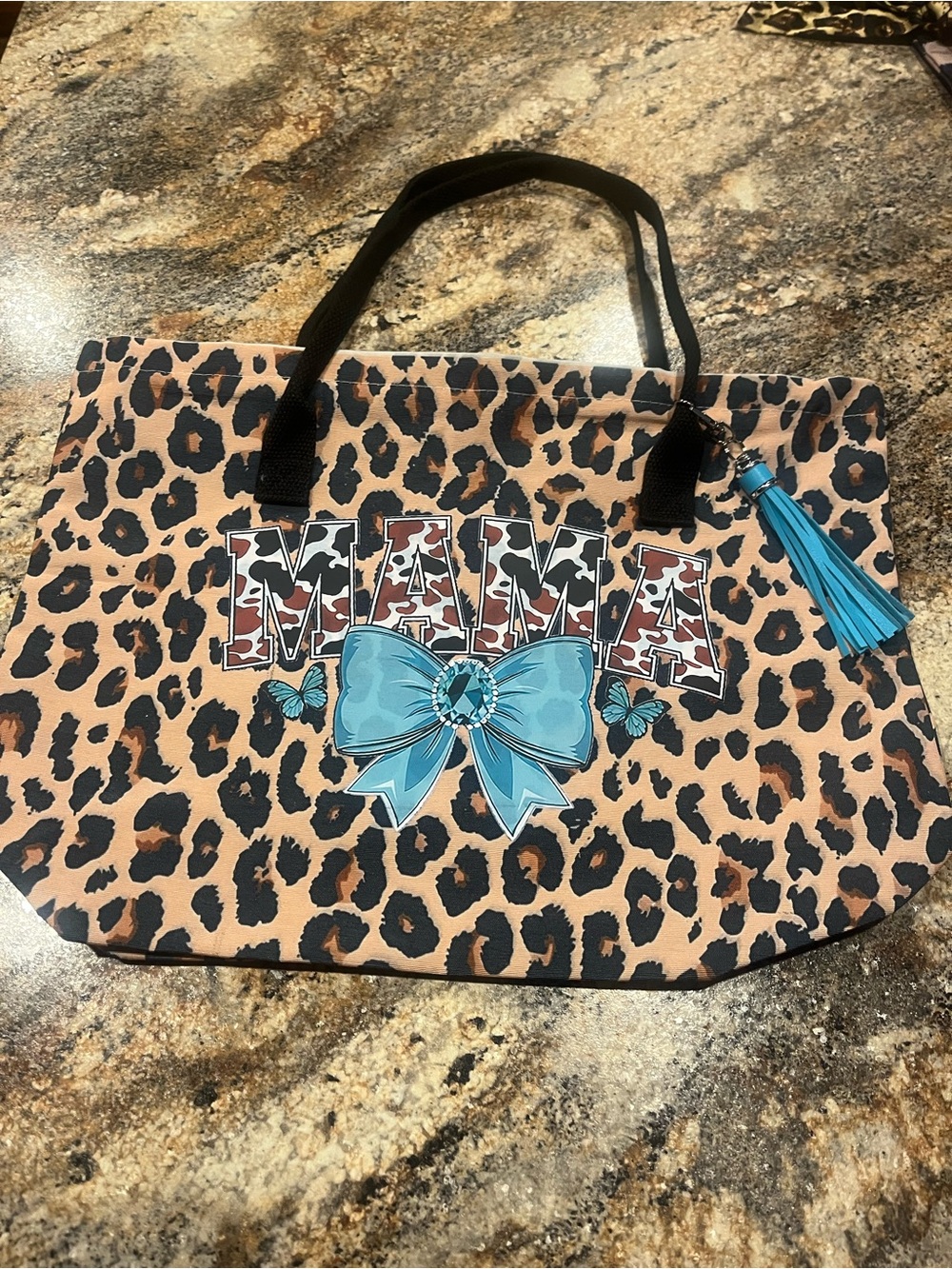 Leopard Print 'MAMA' Tote with Turquoise Bow Accent
